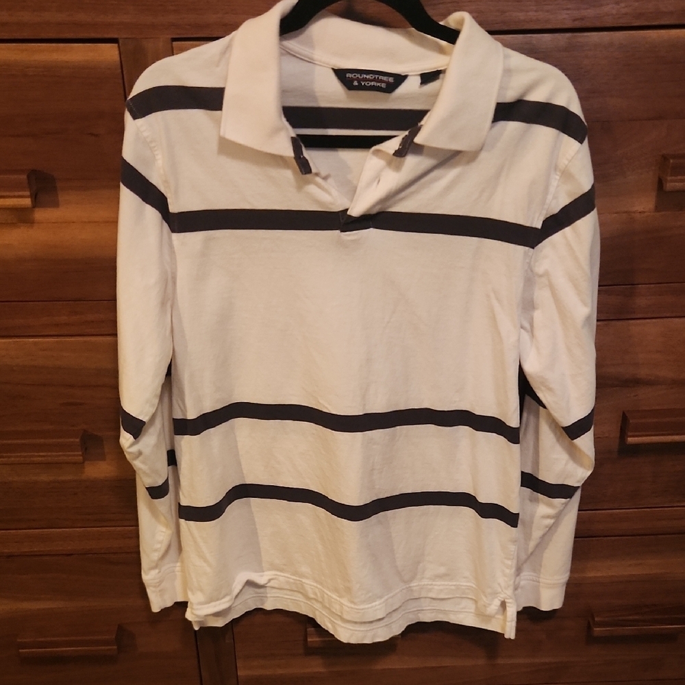 Roundtree & Yorke White Polo with Dark Stripes Preppy Casual